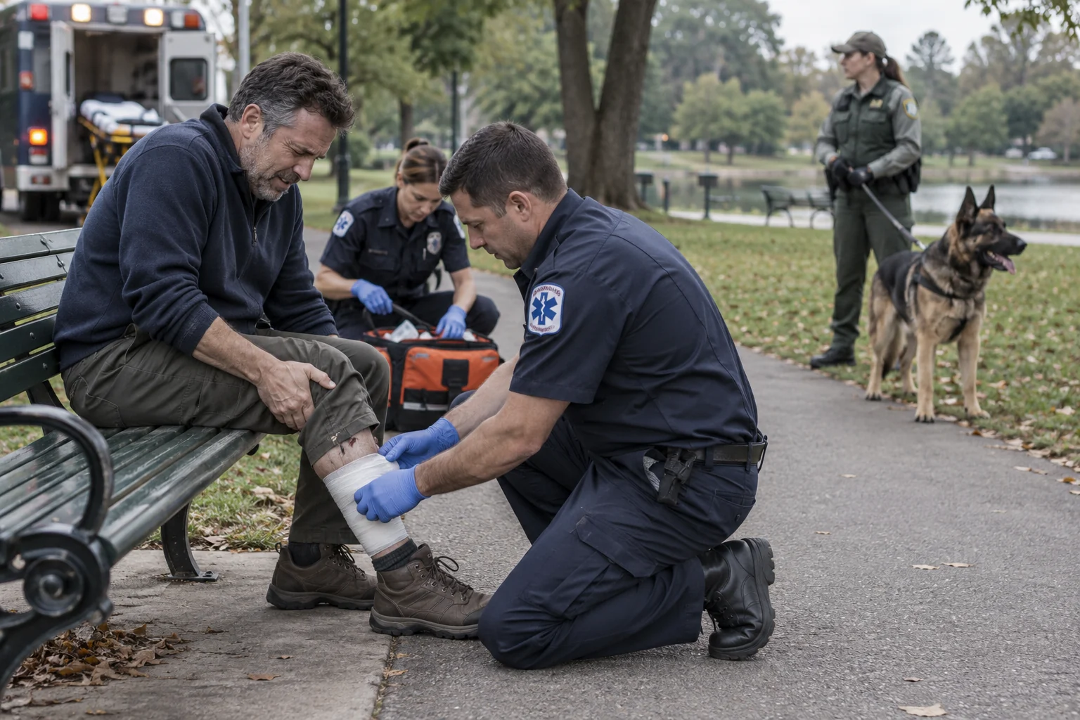 A paramedic bandaging an injured person’s lower leg after an animal bite, with animal control nearby.