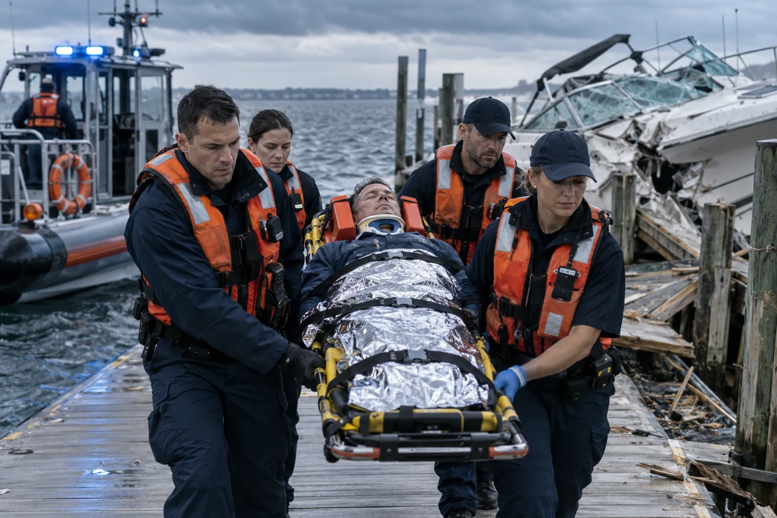Maritime rescuers carrying an injured passenger on a stretcher beside a wrecked motorboat and emergency rescue vessel.