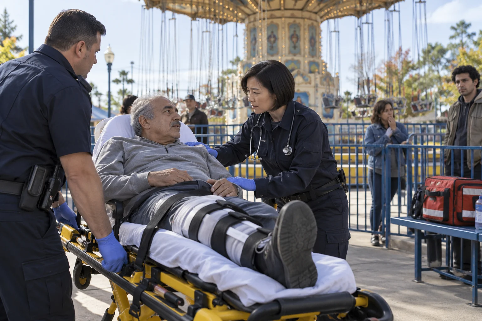 Paramedics treating an injured visitor near a stopped amusement ride.