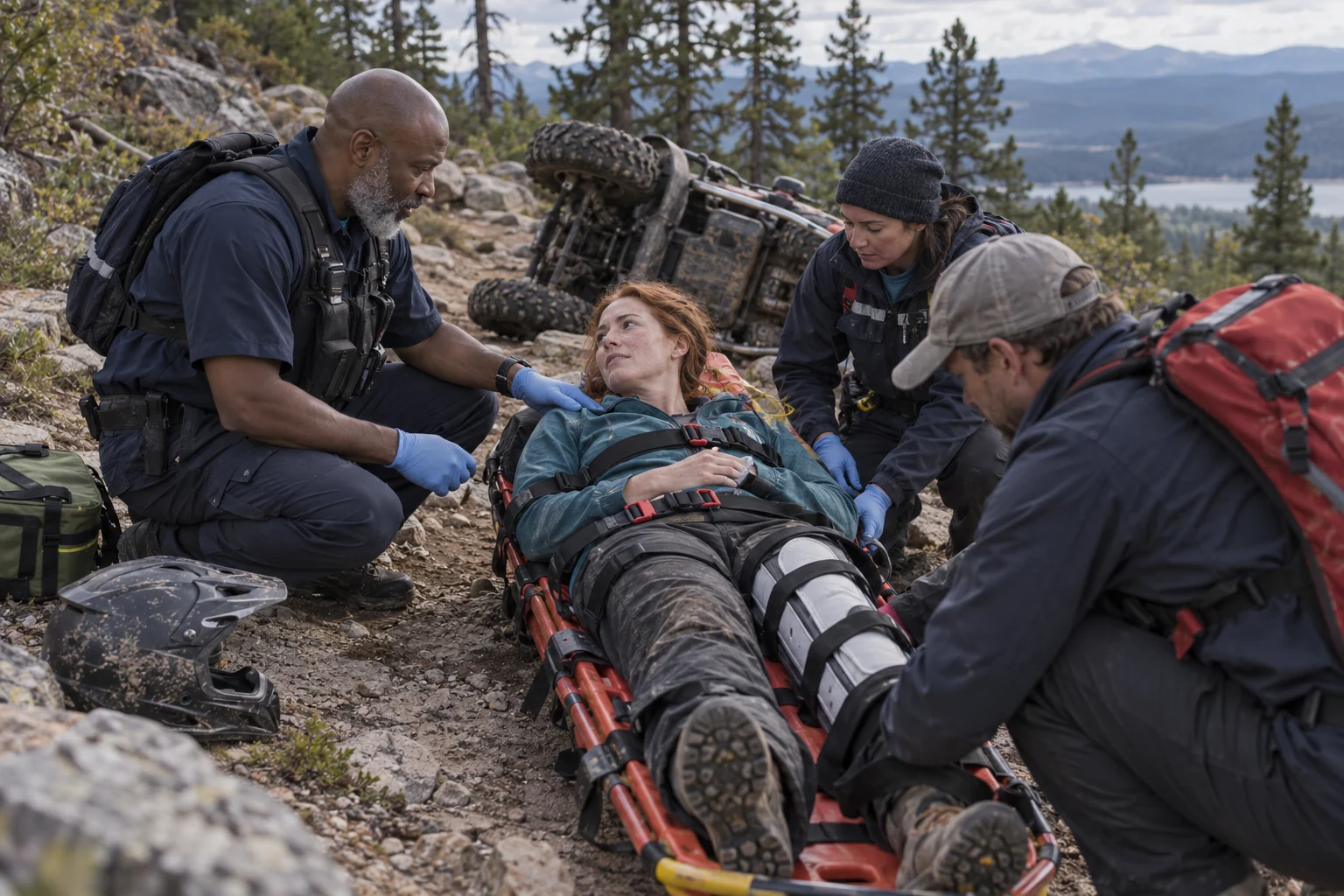 Rescuers treating an injured rider beside a tipped all-terrain vehicle.