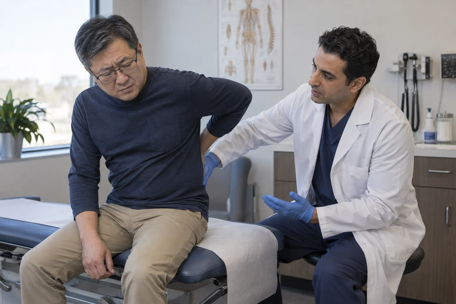 A clinician examining a patient's lower back during an injury assessment.