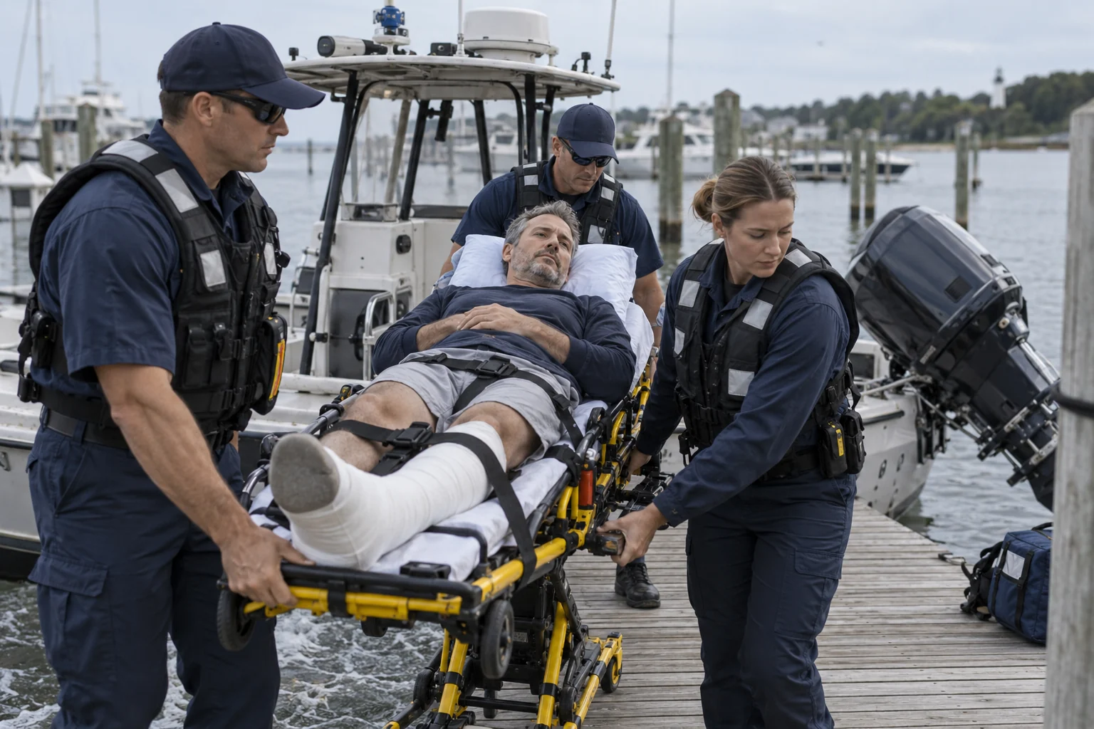 Marine rescuers carrying a passenger with a dressed leg injury beside a motorboat.