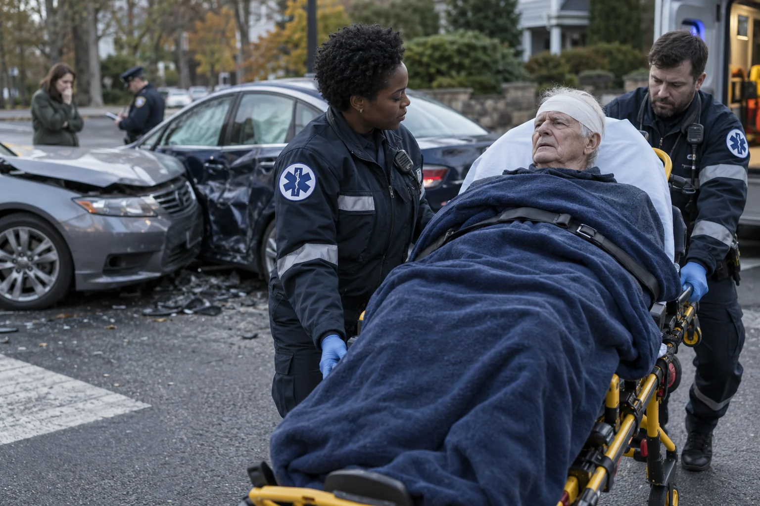 Paramedics transporting an injured passenger after an intersection collision.