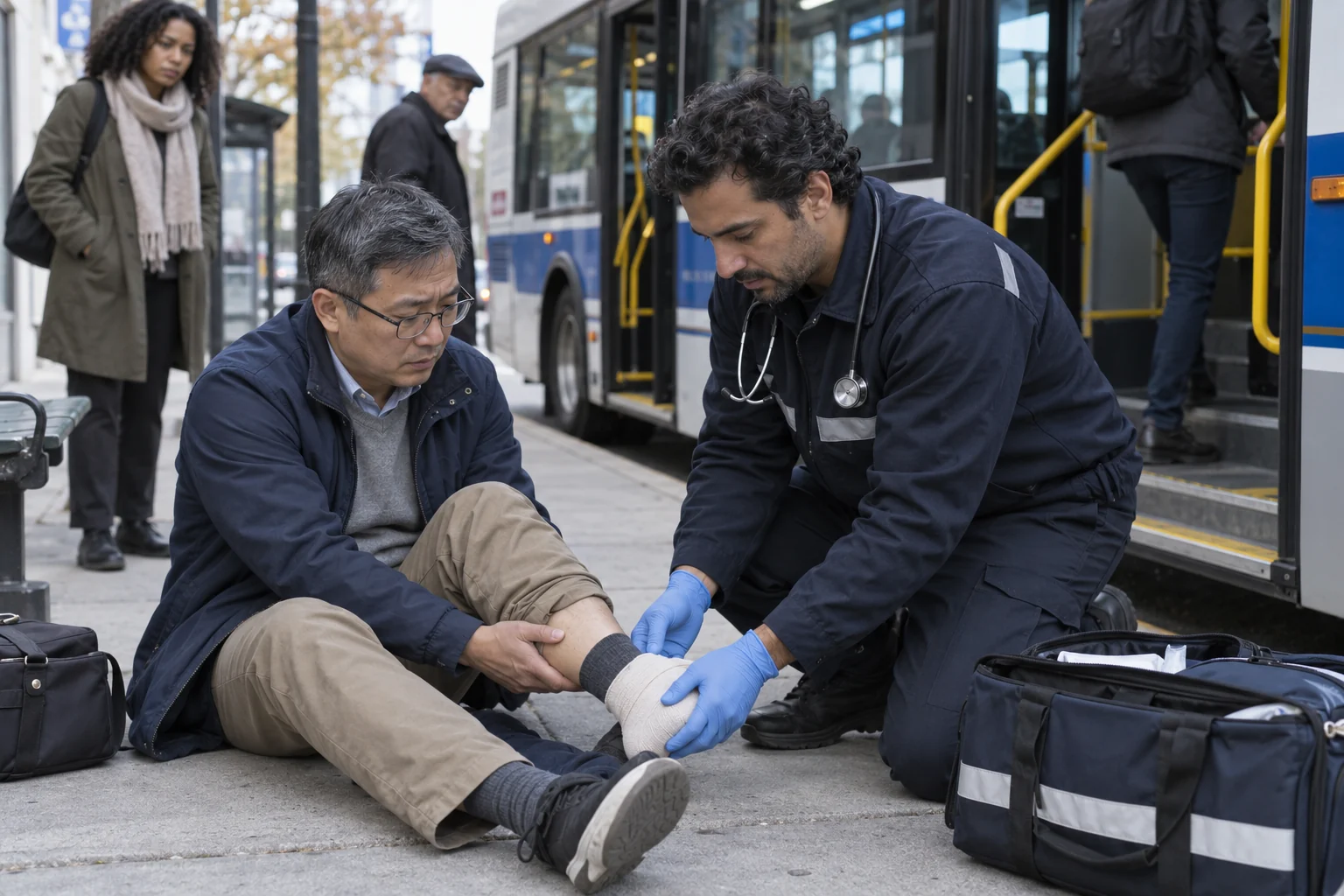 A paramedic treating an injured passenger beside a bus doorway.
