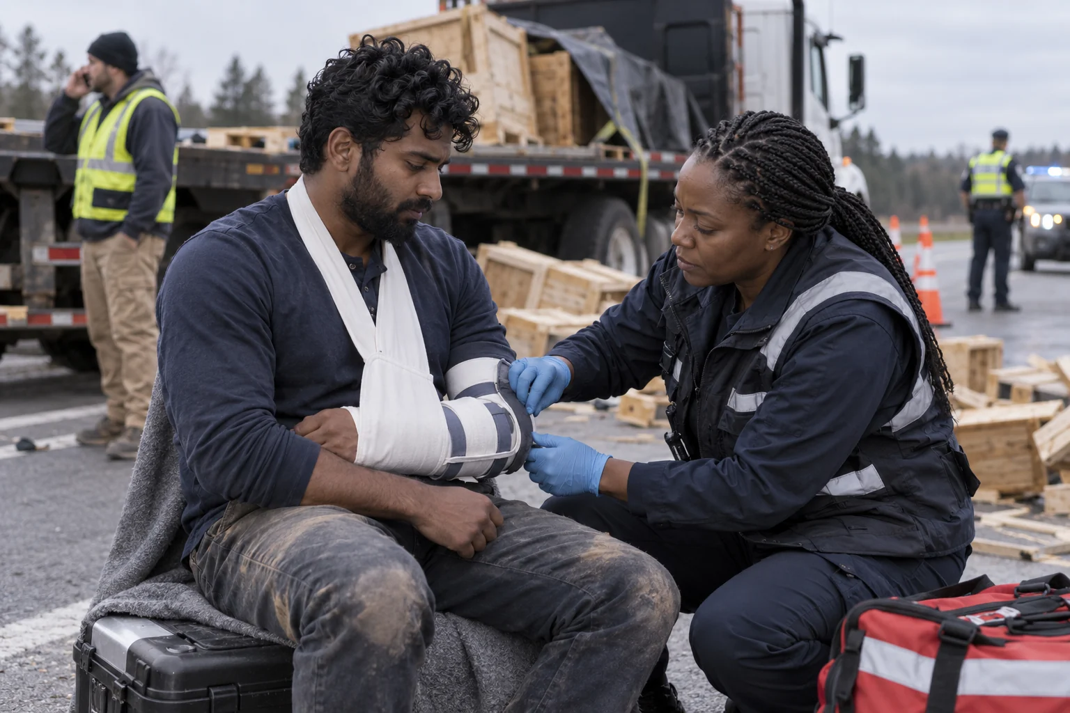 A paramedic treating an injured person near spilled cargo and a stopped truck.