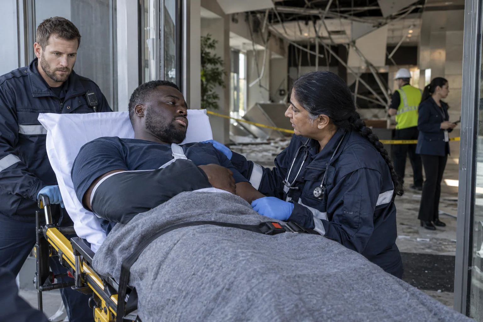 Responders caring for an injured person near a cordoned area of ceiling damage.