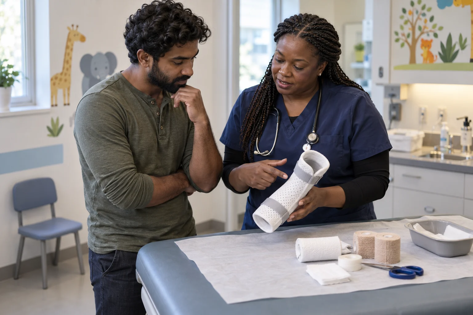 A clinician and parent preparing for pediatric follow-up care.