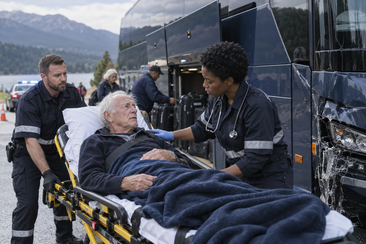 Paramedics caring for an injured passenger beside a damaged touring coach.