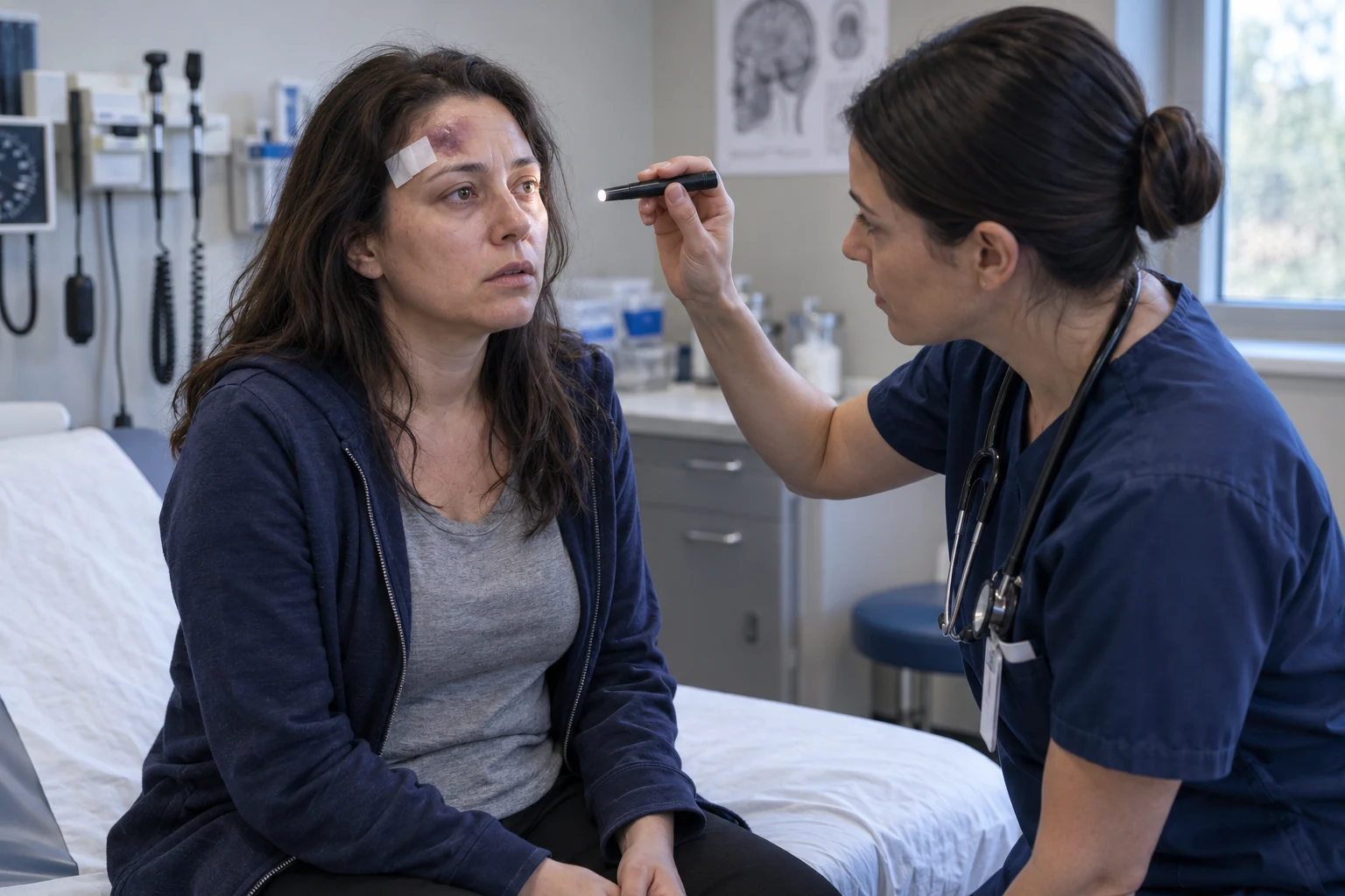 A clinician examining a patient with a forehead dressing during a concussion assessment.