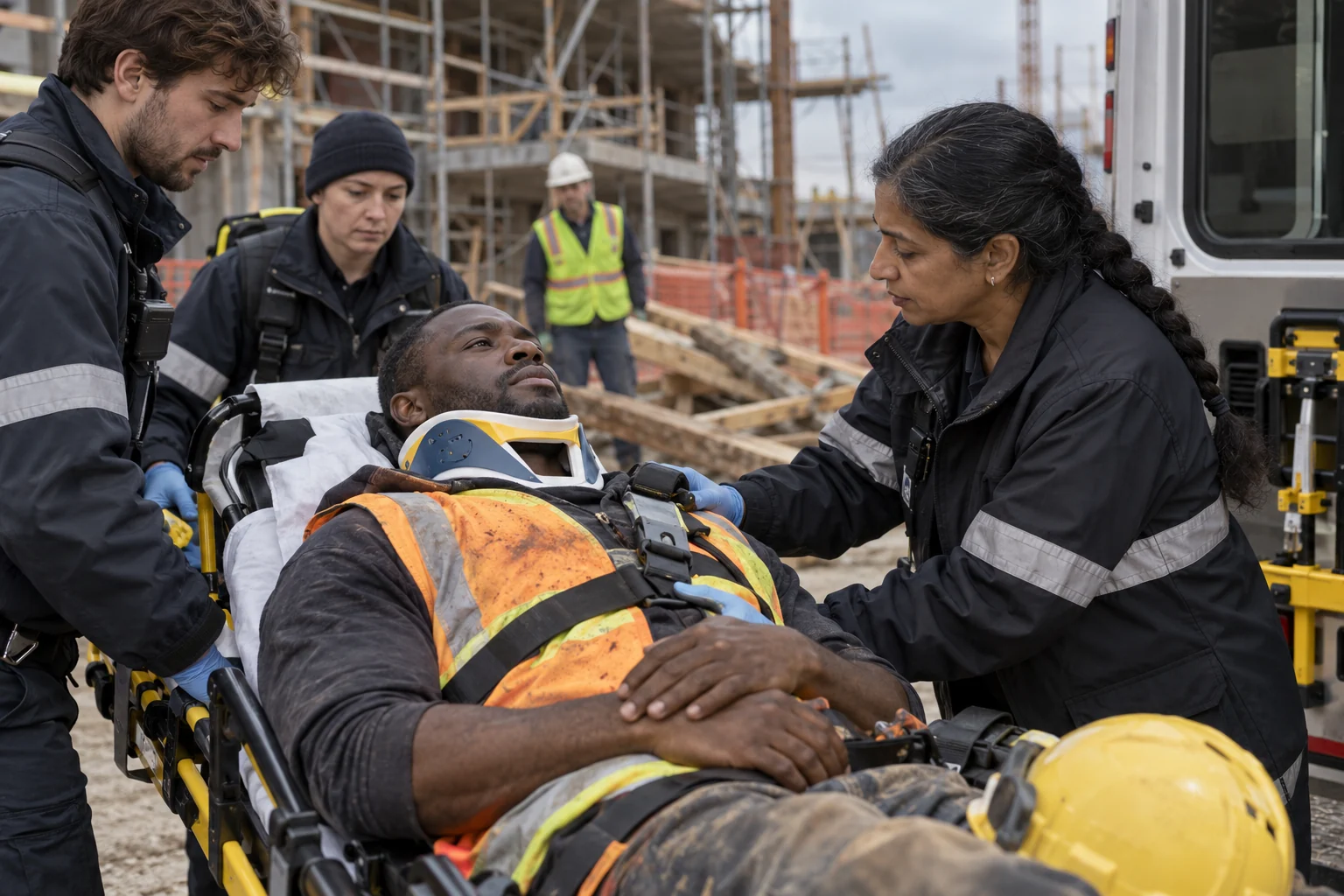 Paramedics securing an injured construction worker on a stretcher at a cordoned worksite.