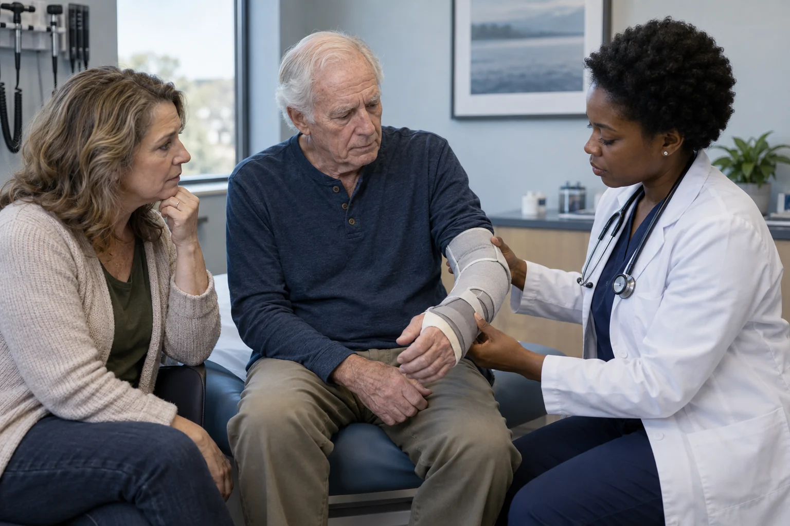 A clinician reviewing records with a patient during a medical assessment.