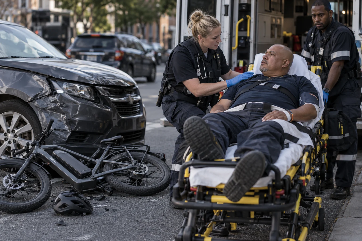 Paramedics treating an injured rider near an electric bicycle after a collision.