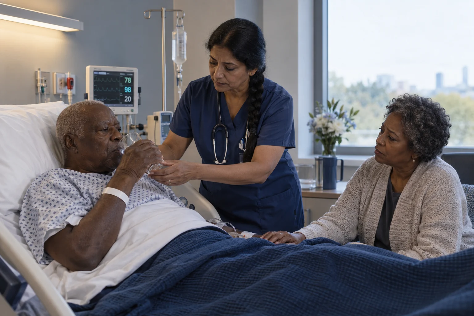 A nurse assisting an older patient with hydration during supervised care.