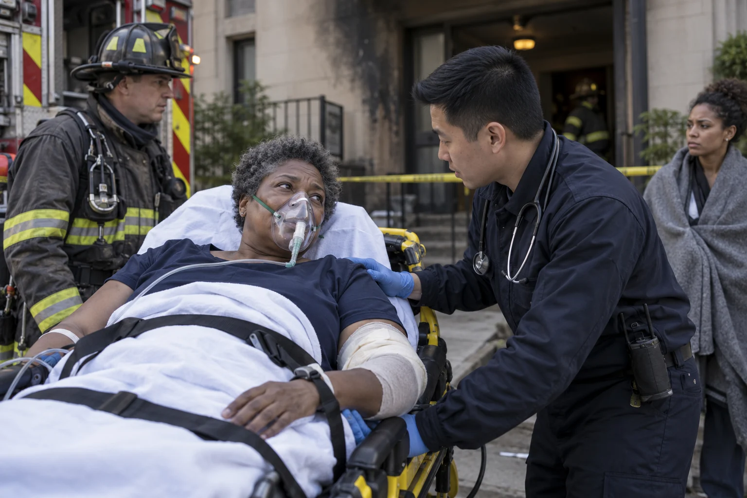 Emergency responders providing oxygen and burn care outside a damaged building.