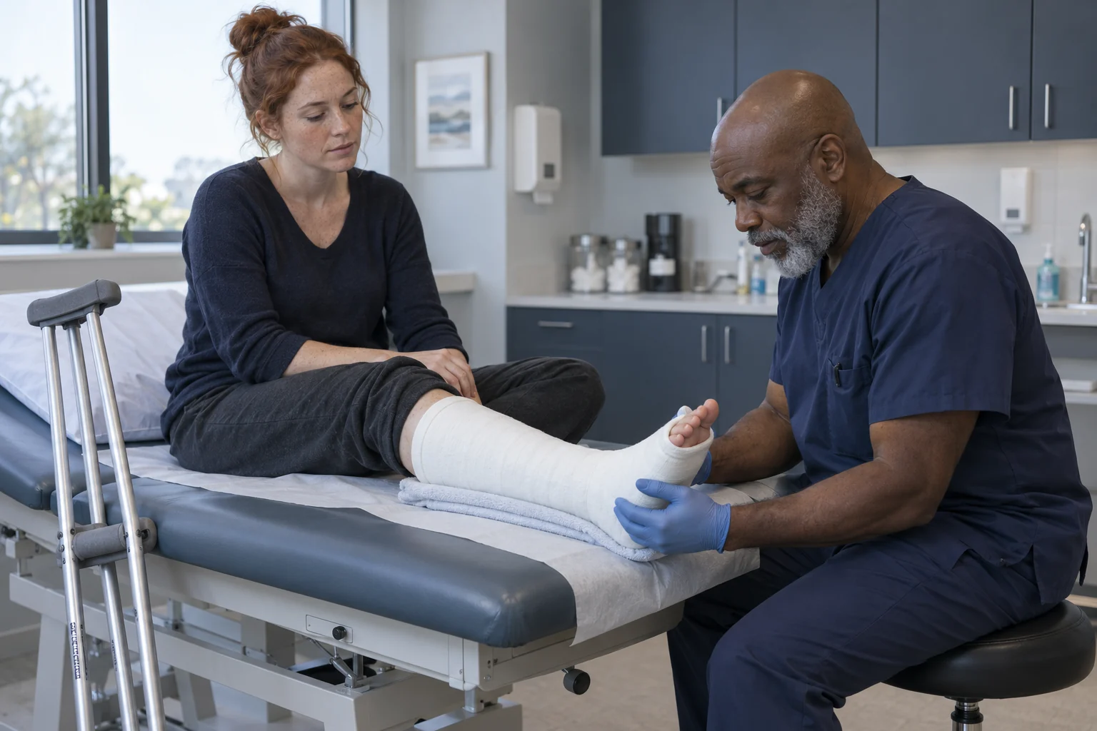 A clinician checking a patient's lower-leg cast during fracture care.