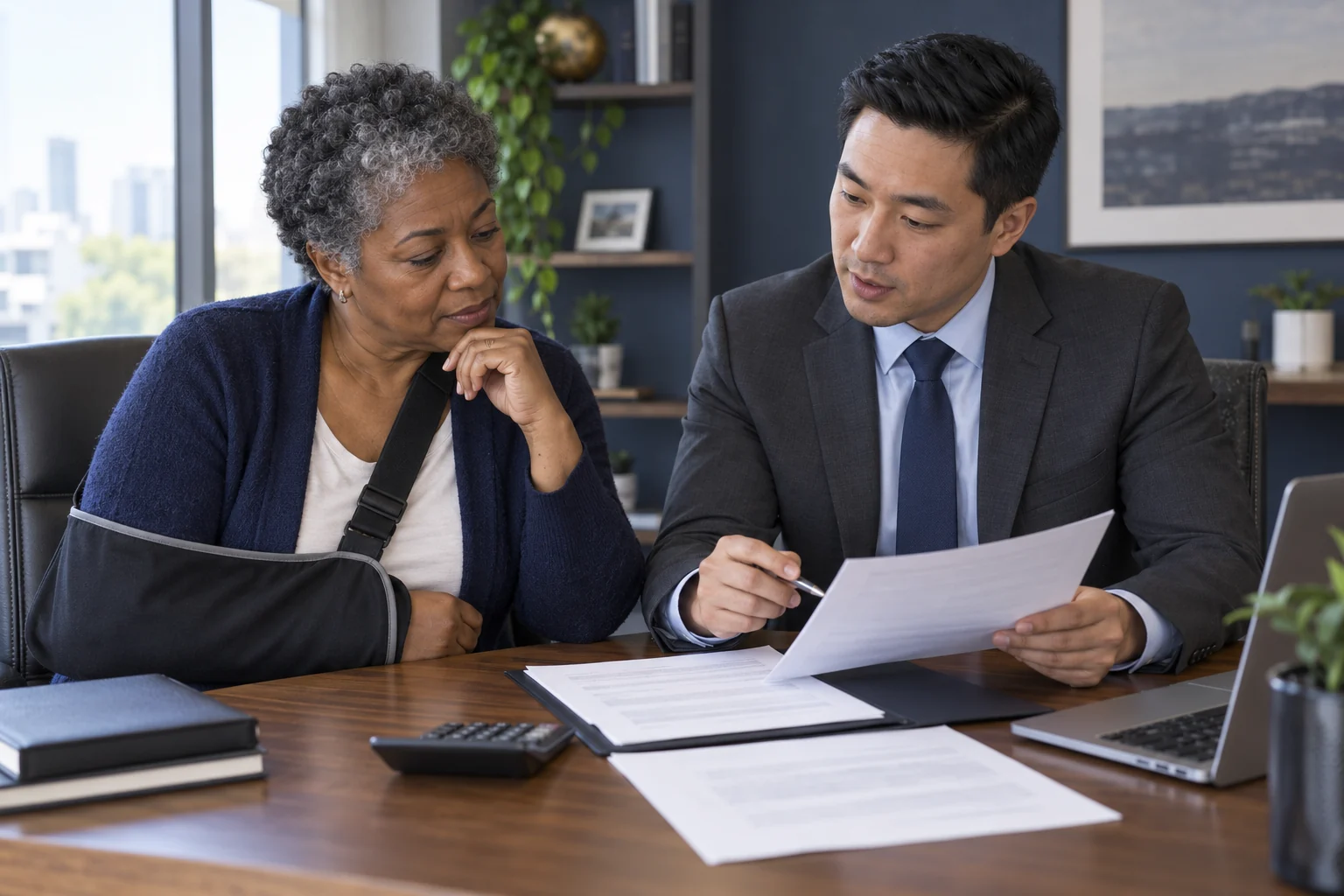 An adviser and client reviewing paperwork and financial considerations together.