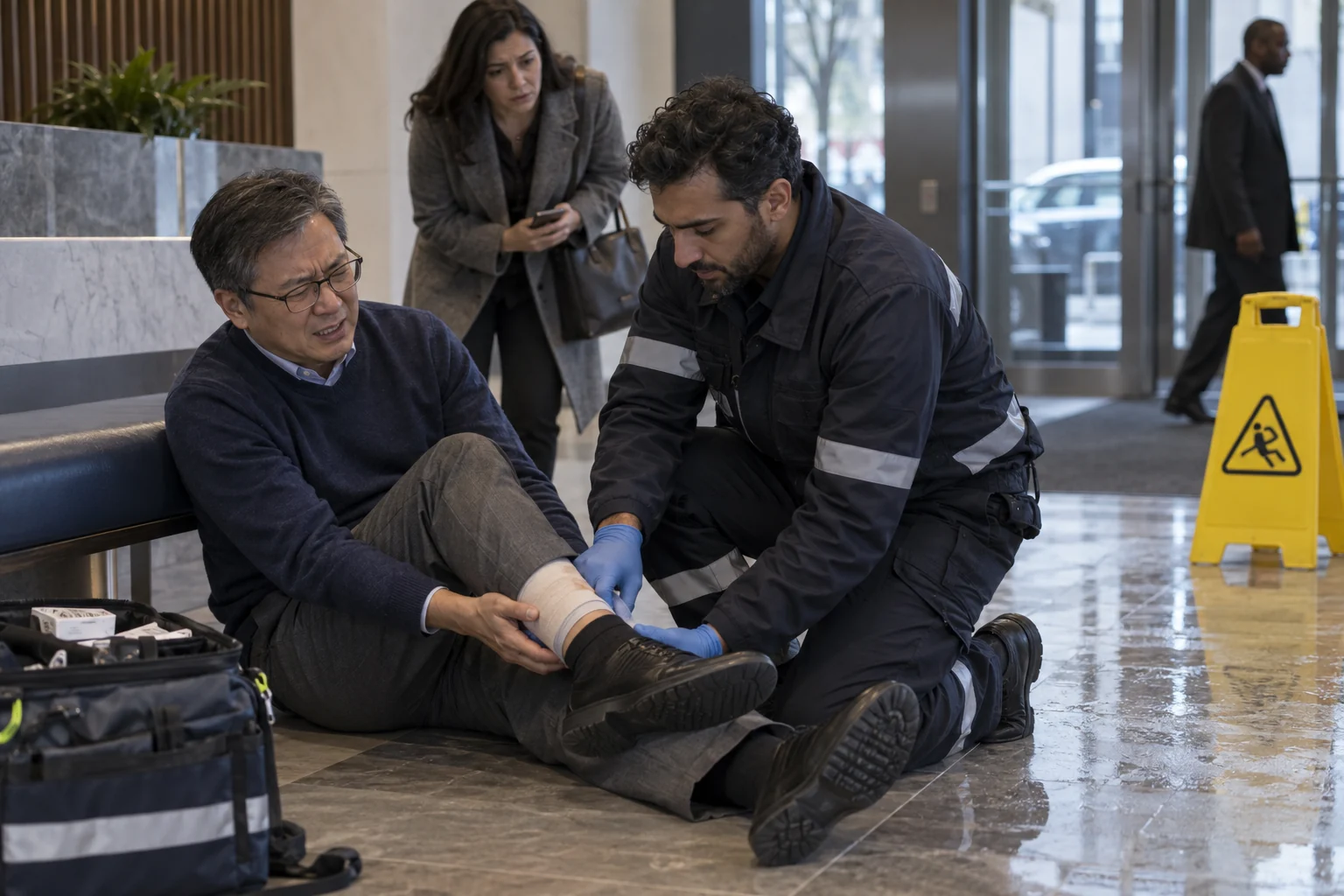 A paramedic treating a person's ankle after a fall in a building lobby.
