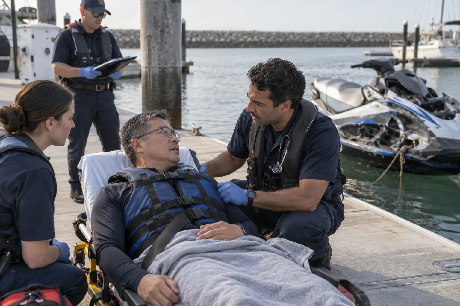 Marine responders caring for an injured rider beside a personal watercraft.