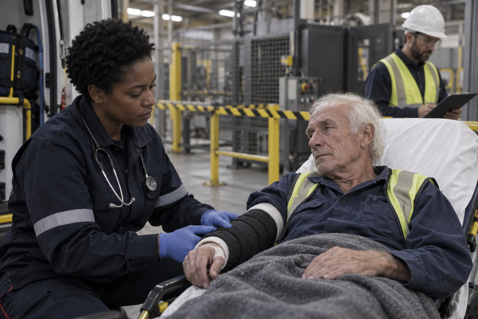 A paramedic treating an injured worker near isolated industrial machinery.