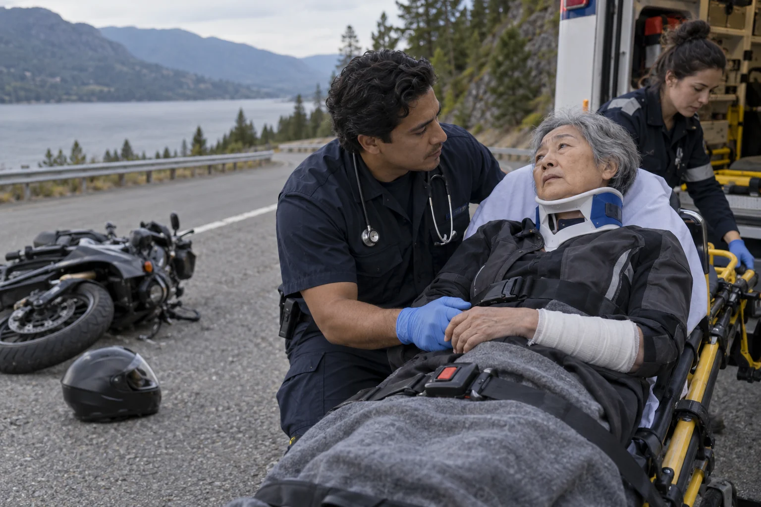 Paramedics attending an injured motorcyclist beside a fallen motorcycle.