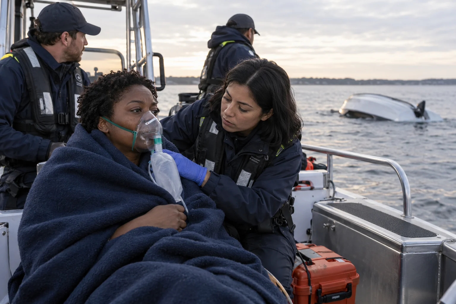 Marine responders providing care to a rescued passenger near an overturned boat.