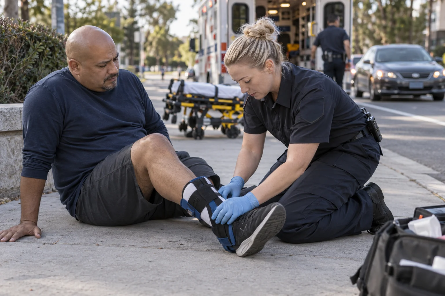 A paramedic treating an injured pedestrian's ankle beside a sidewalk.