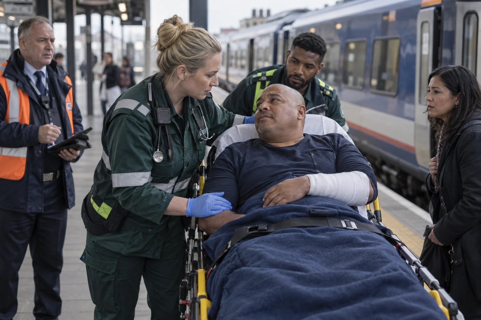 Paramedics caring for an injured passenger on a railway platform.