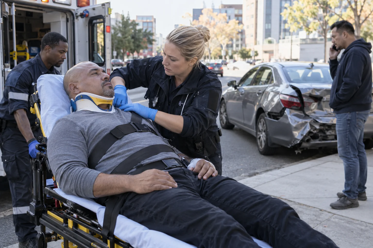 Paramedics attending an injured passenger beside a car with rear-end damage.