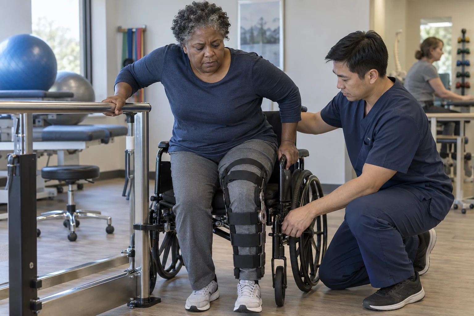 A rehabilitation therapist assisting an injured patient using a wheelchair and leg brace.