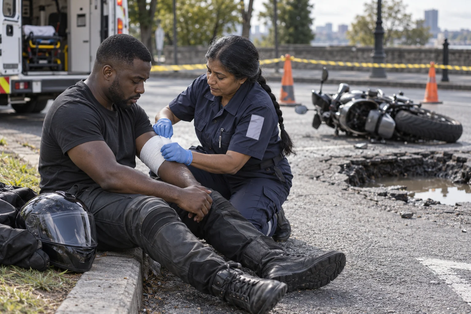 A paramedic treating an injured motorcyclist near a pothole and fallen motorcycle.