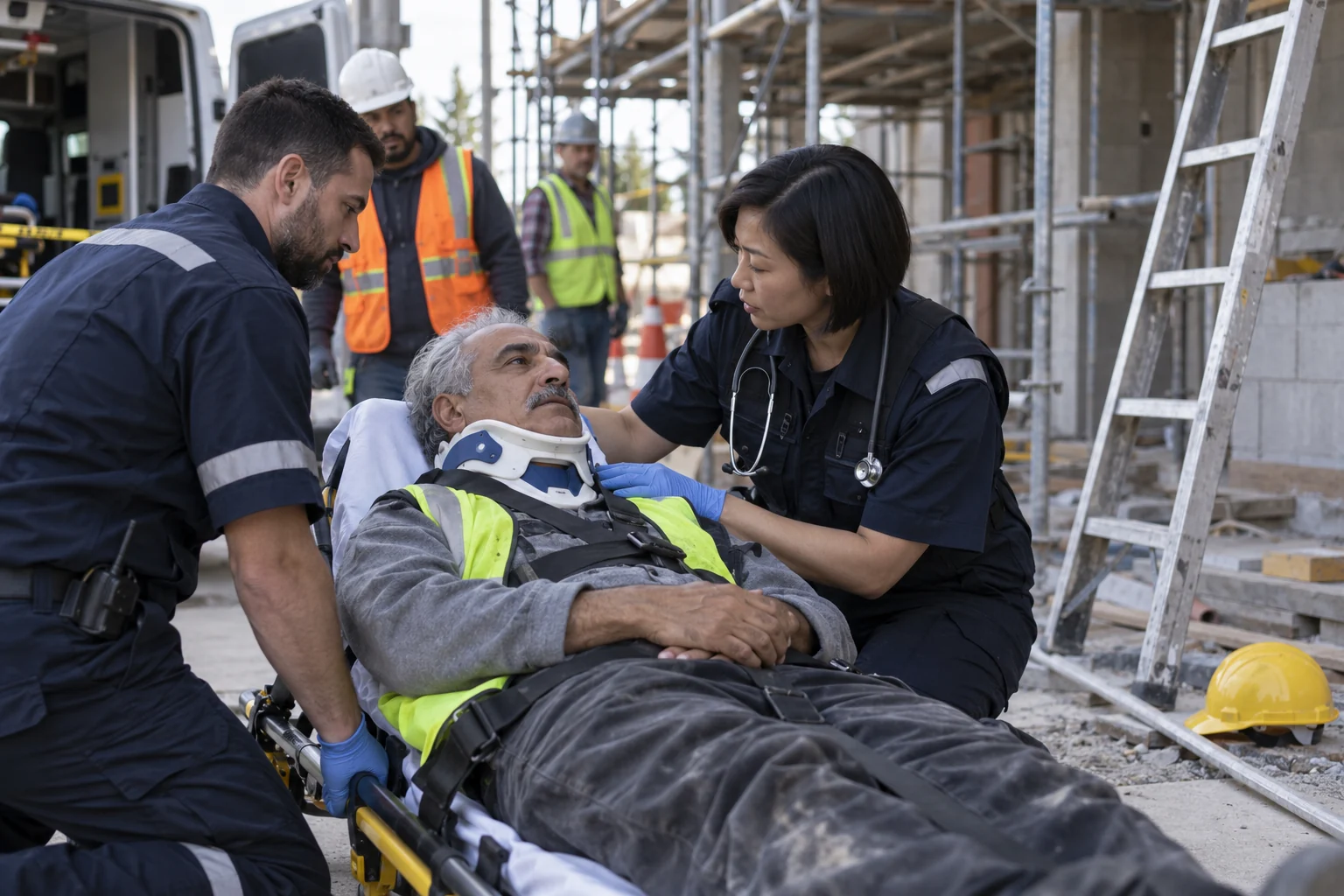 Responders treating an injured worker beside scaffolding and a displaced ladder.