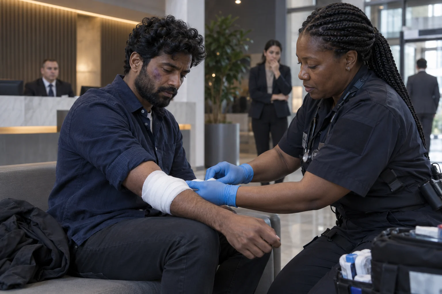 A paramedic treating an injured visitor in a building lobby.