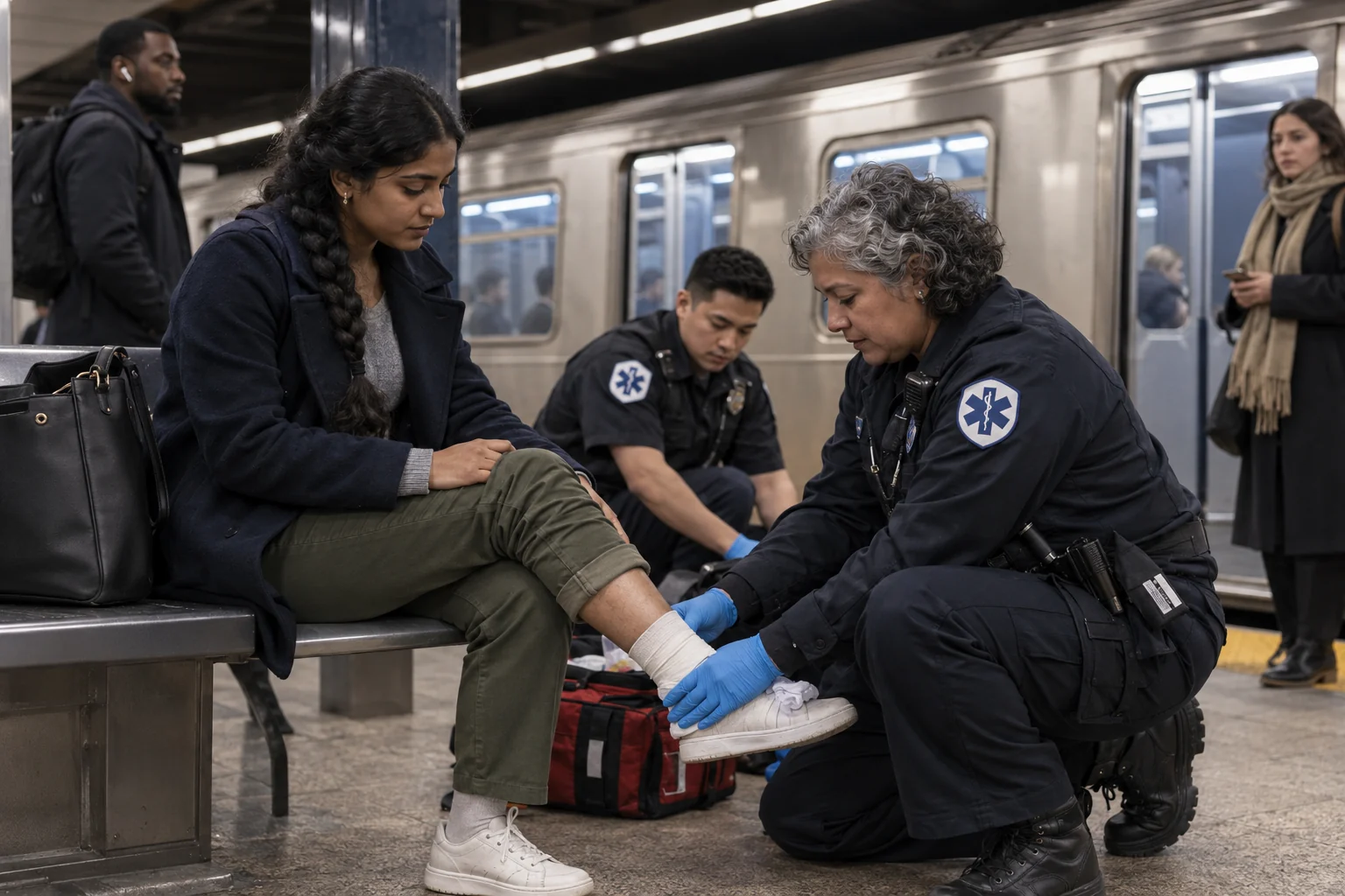 Paramedics treating an injured passenger on a subway platform.