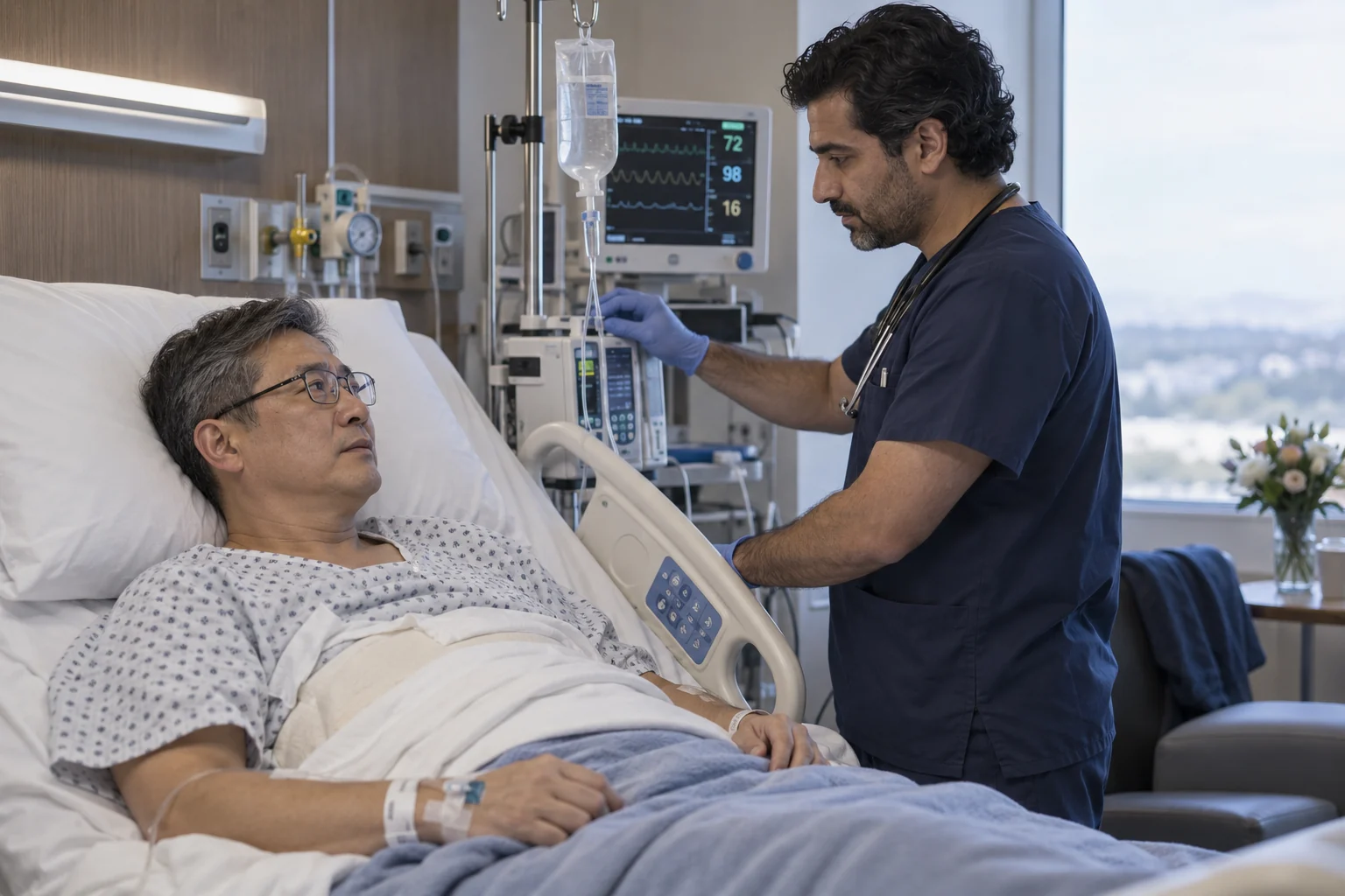 A nurse monitoring a patient during postoperative hospital care.