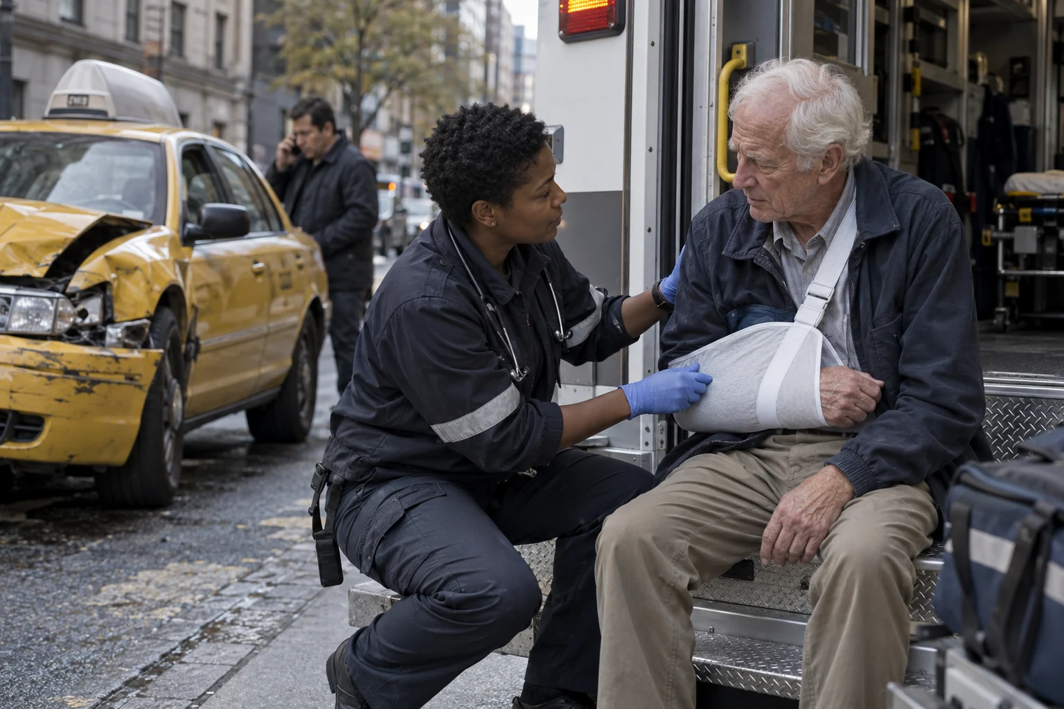 A paramedic attending an injured passenger near a damaged yellow taxi.