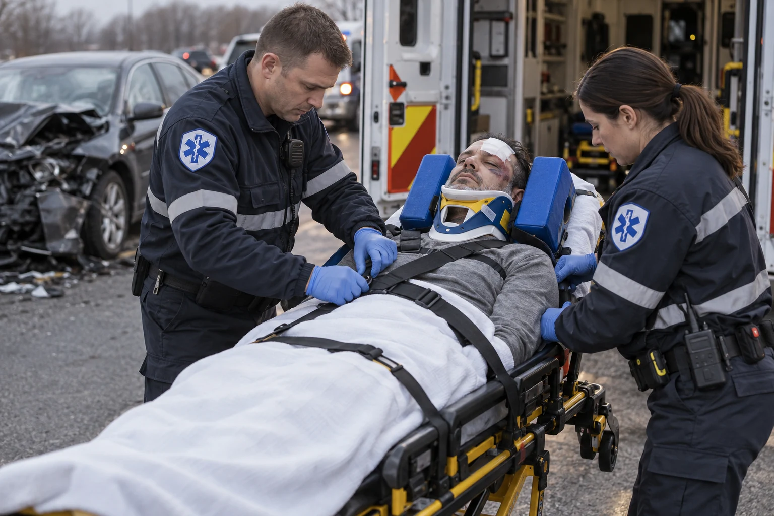 Paramedics securing a patient with a head dressing and cervical collar after a vehicle collision.