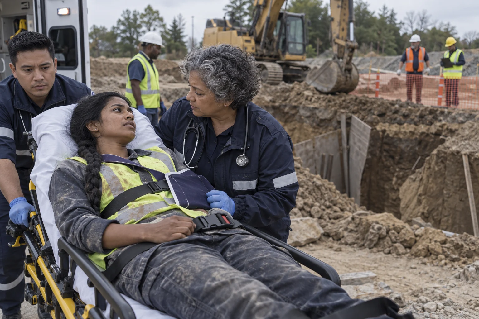 Paramedics attending an extracted worker beside a cordoned excavation.
