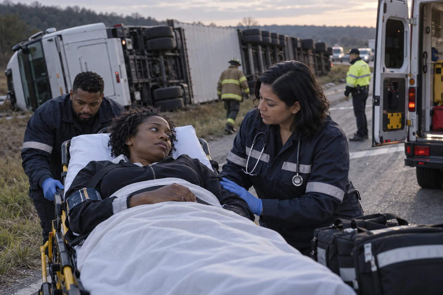 Paramedics transporting an injured person near an overturned truck trailer.