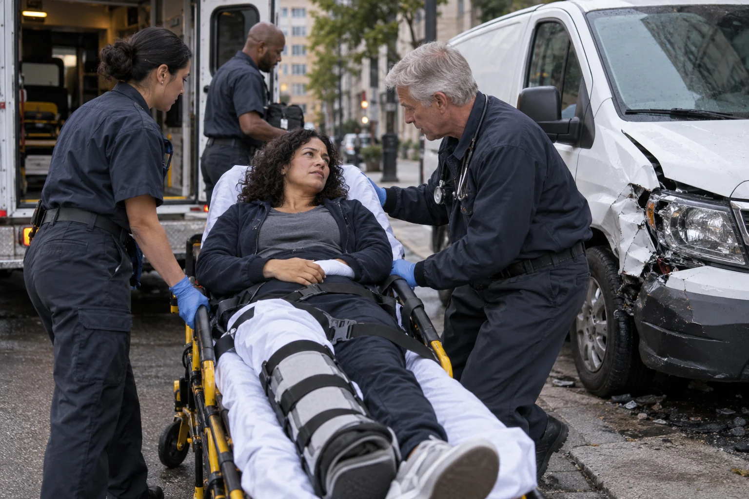 Paramedics treating an injured person near a damaged commercial van.