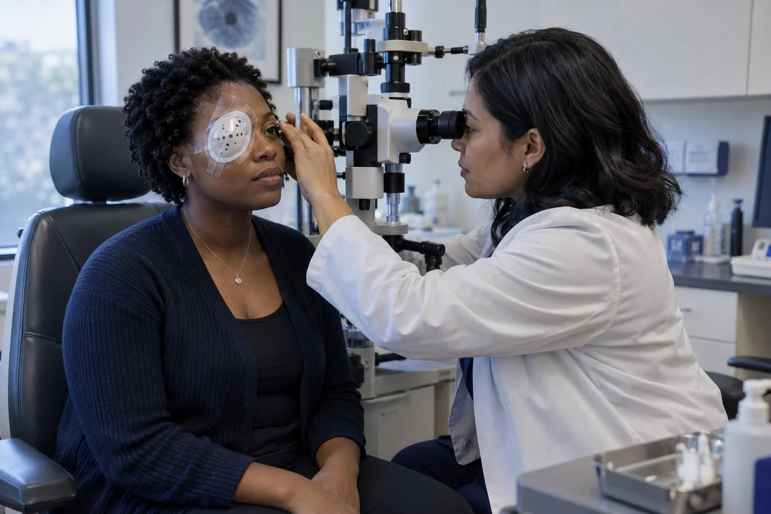 An eye-care clinician examining a patient wearing a protective eye shield.