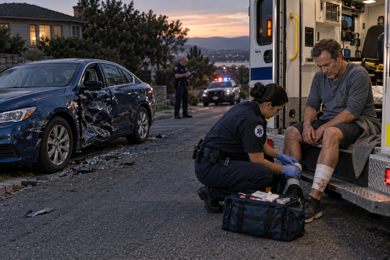 A paramedic treating an injured driver beside a damaged car on a residential road.