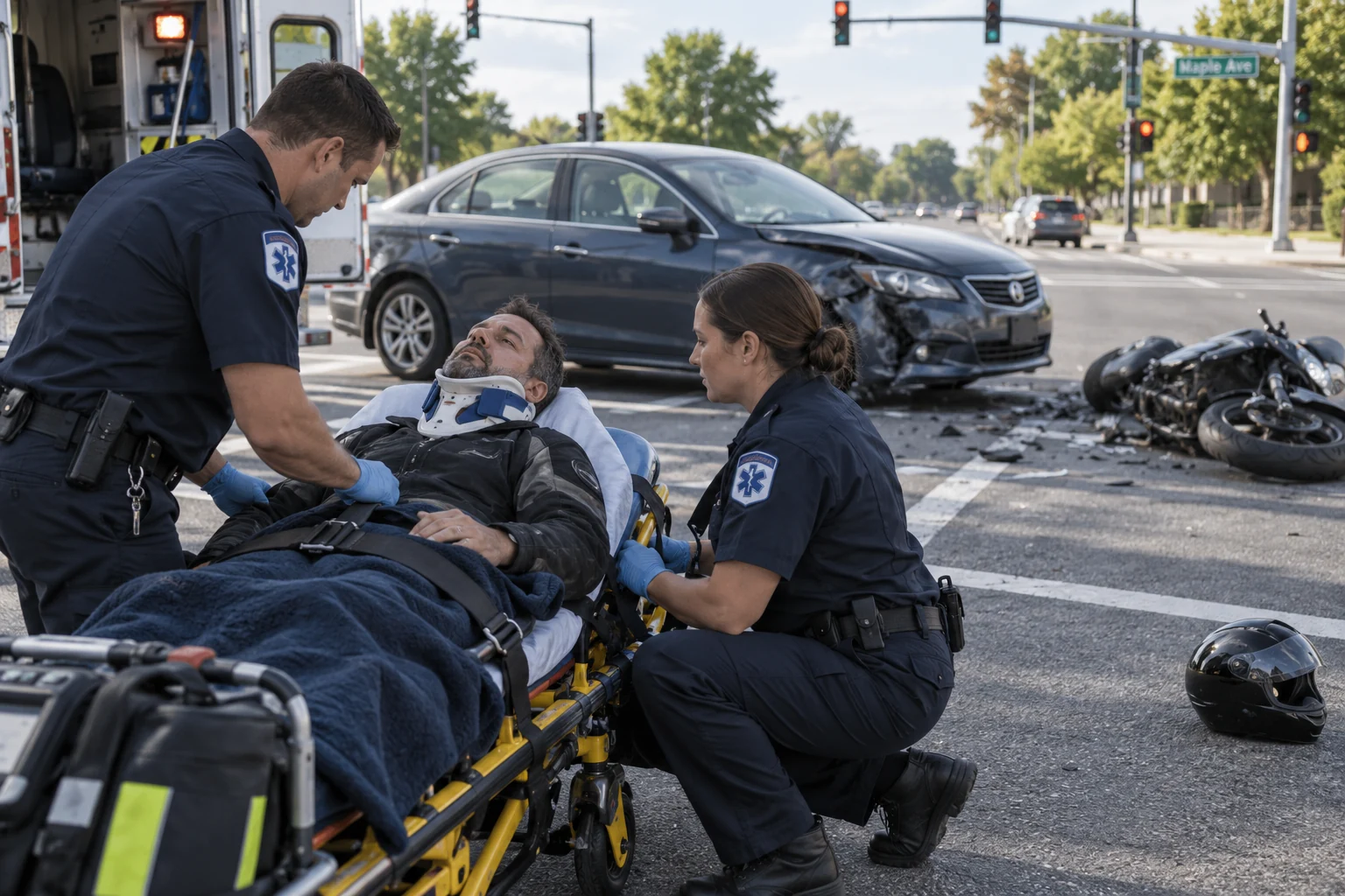 Paramedics treating an injured motorcyclist near a fallen motorcycle and damaged turning car.