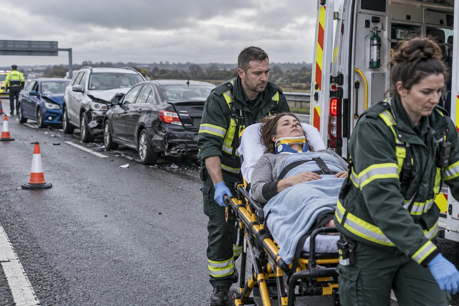 Paramedics attending an injured passenger near several vehicles involved in a highway collision.