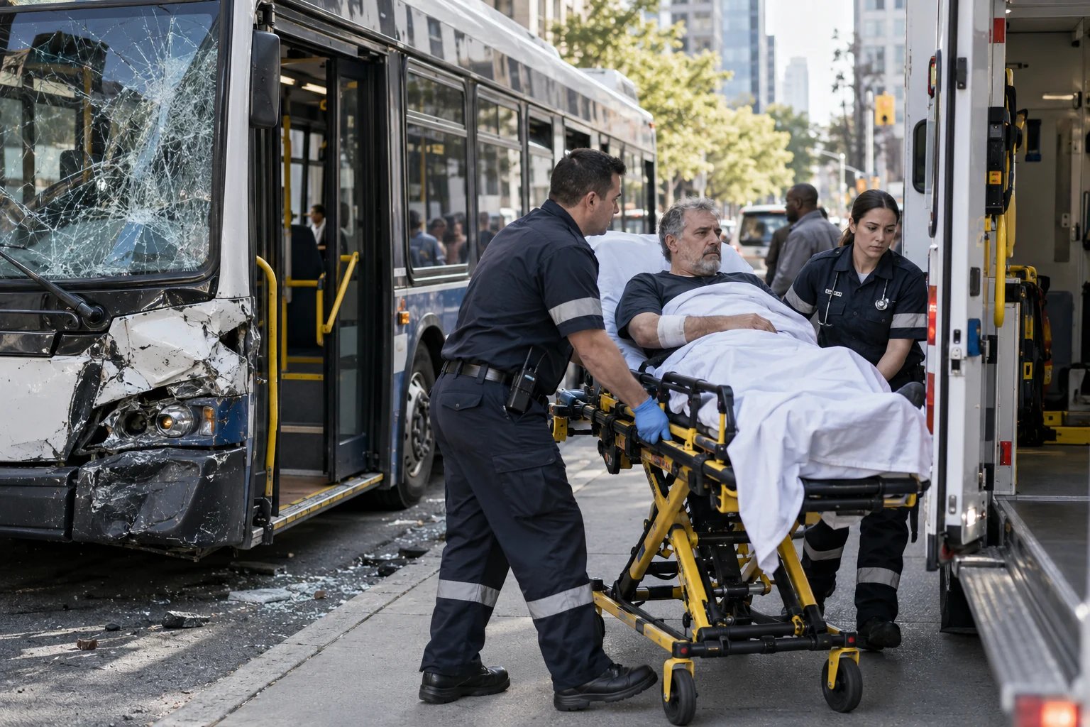 Paramedics moving an injured passenger from a damaged public transit bus toward an ambulance.