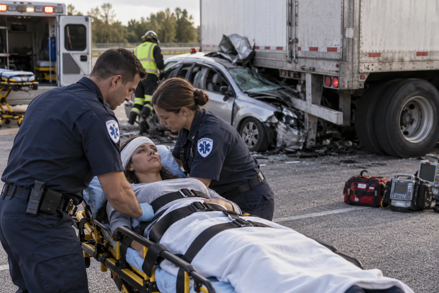 Emergency responders caring for an injured passenger near a car damaged beneath a truck trailer.