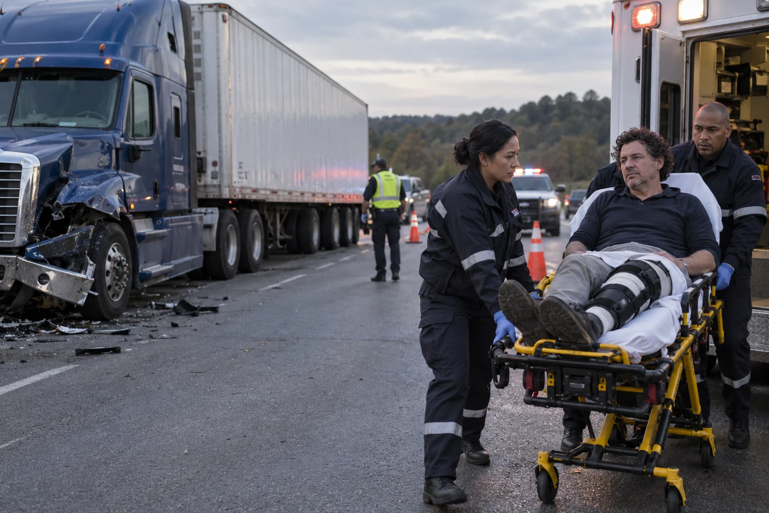 Responders transporting an injured adult beside a multi-axle tractor-trailer.