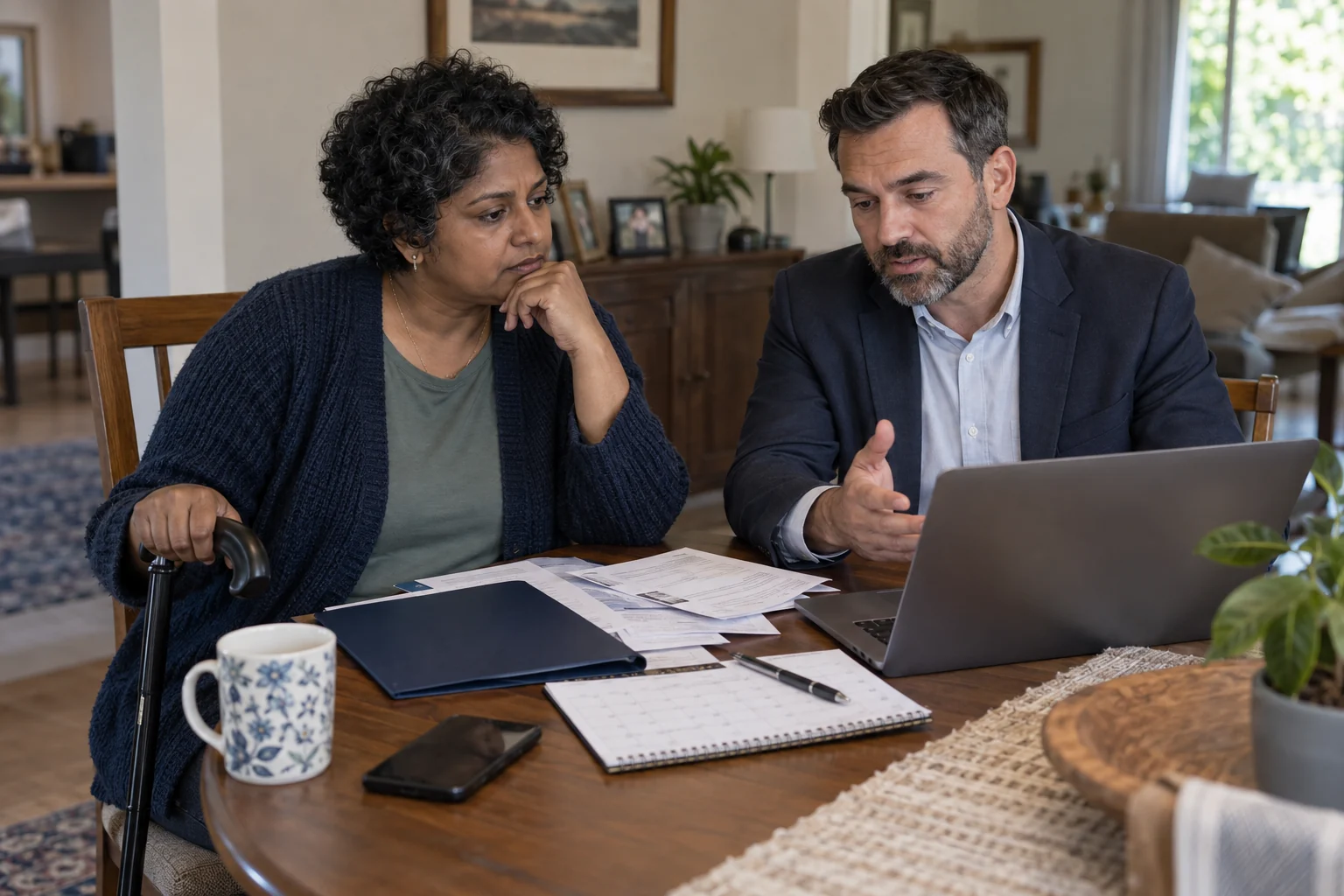 An adult with a walking cane reviewing new expenses and an existing funding agreement.
