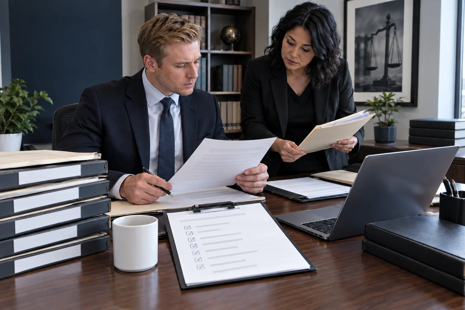 Legal professionals organizing case documents for a funding review.
