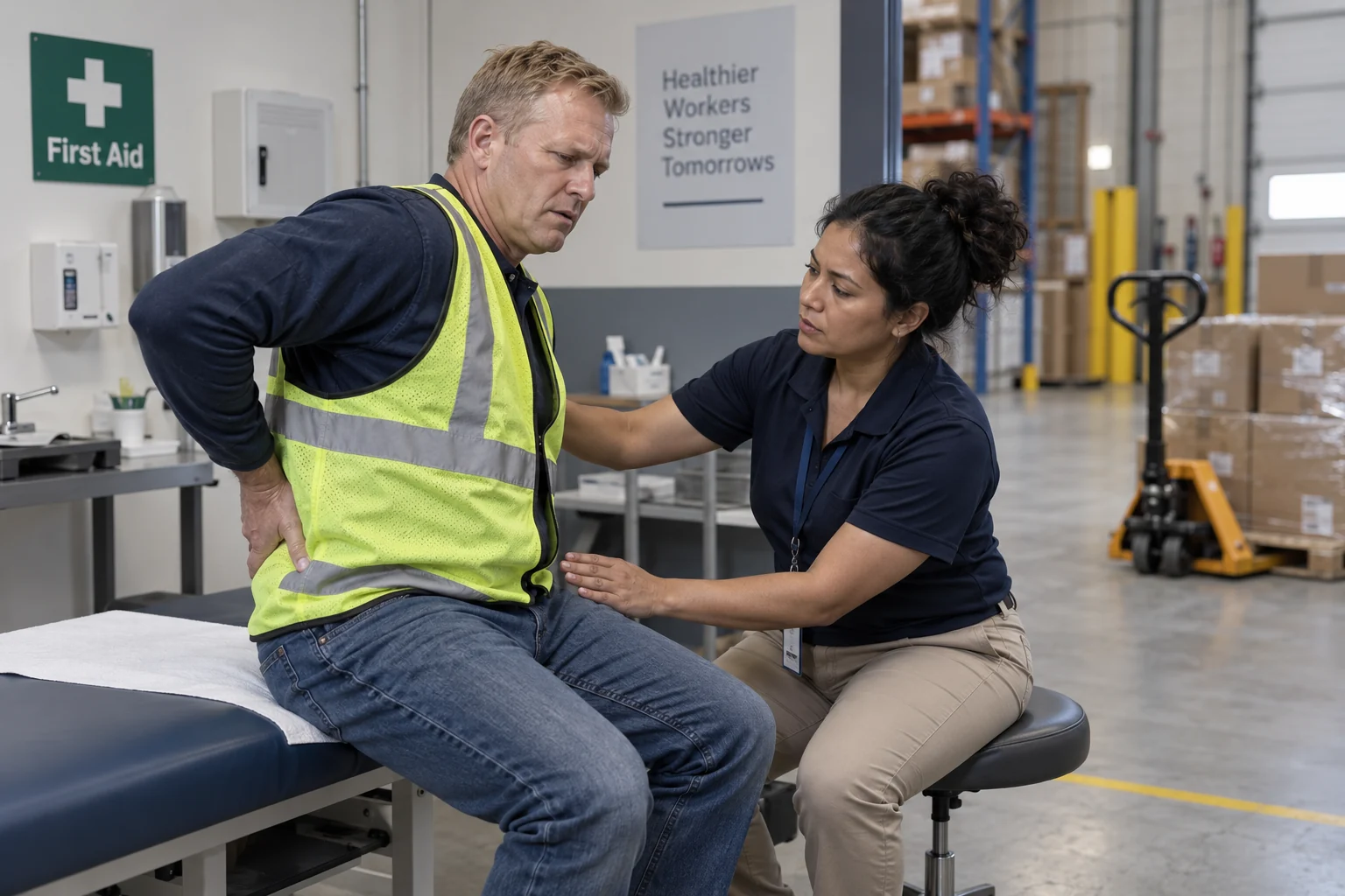 An occupational clinician assessing a worker with lower-back pain near a warehouse first-aid station.