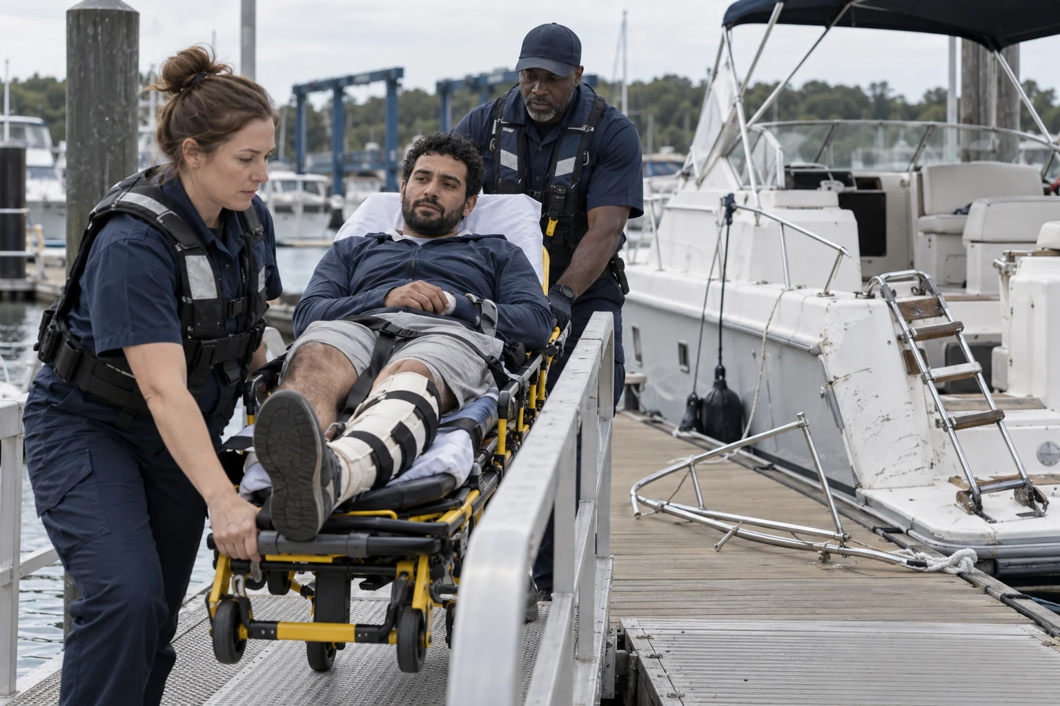 Maritime responders moving an injured passenger beside damaged boarding equipment.